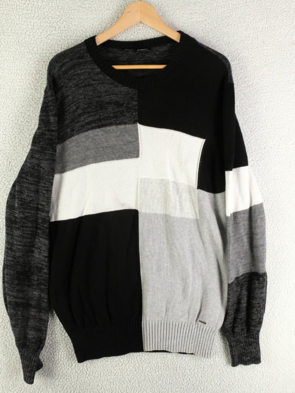 Diesel Sweater Mens Extra Large White Black Colorblock Crew Knit Stretch Cotton